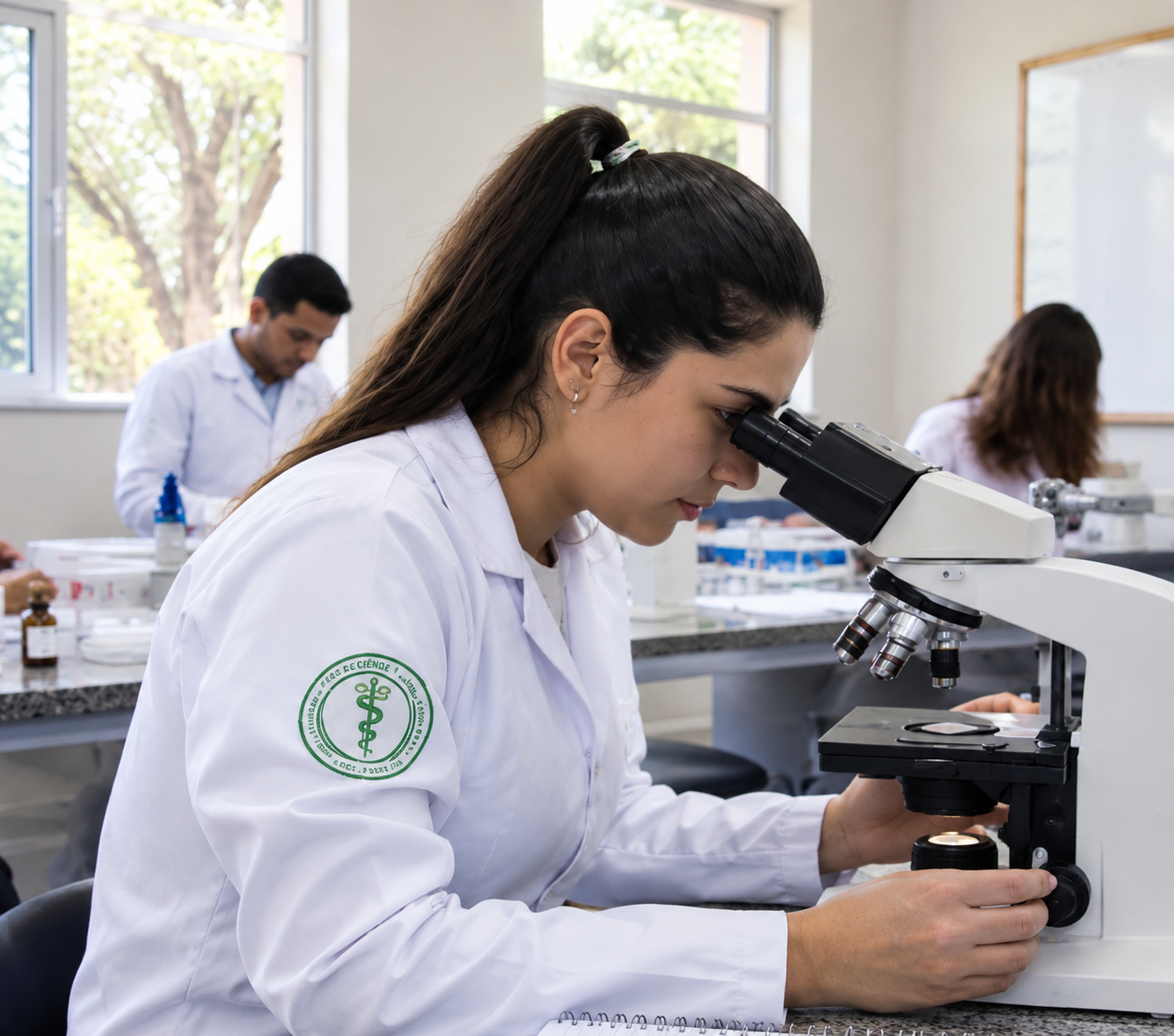 Estudante de Biomedicina analisando lâmina no microscópio
