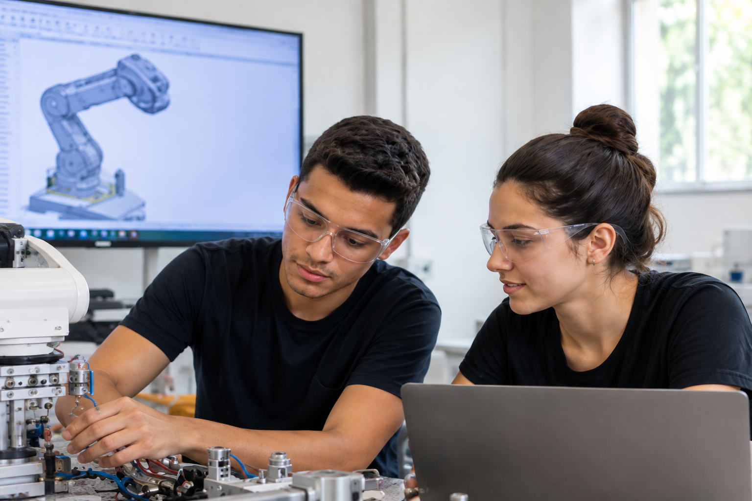 Estudantes de Engenharia trabalhando com braço robótico